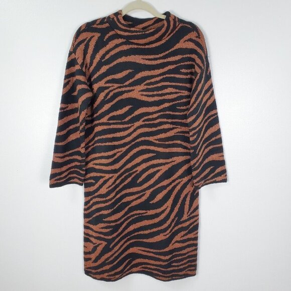 Ann Taylor Dress Womens Small Black Bronze Shimmer Zebra Print Sweater Knit NEW - Picture 1 of 10